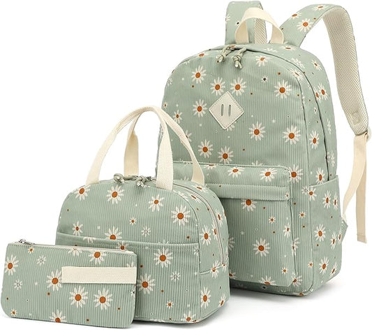 Corduroy Girls Backpack Set, 3PCS School Backpacks for Kids Elementary Middle School Bags with Lunch Box Pencil Case (Green Corduroy Daisy)