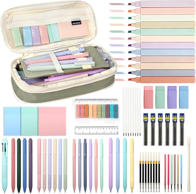 72 PCS Pencil Case with Supplies, Aesthetic School Supplies, 12 Highlighters, Colored & Black Ink Gel Pens, 6 Mechanical Pencils Set, Essentials Stationary Set, Green