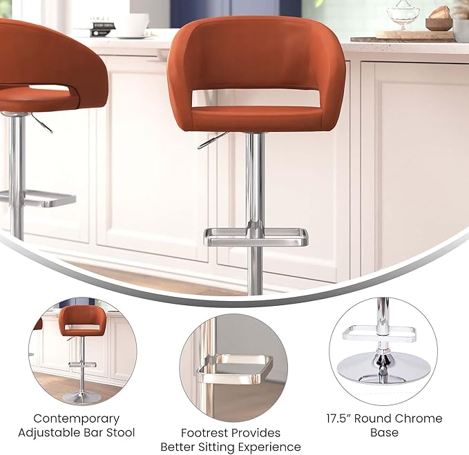 Flash Furniture Erik Comfortable & Stylish Contemporary Barstool with Rounded Mid-Back and Foot Rest, Adjustable Height - Cognac Vinyl with Chrome Base