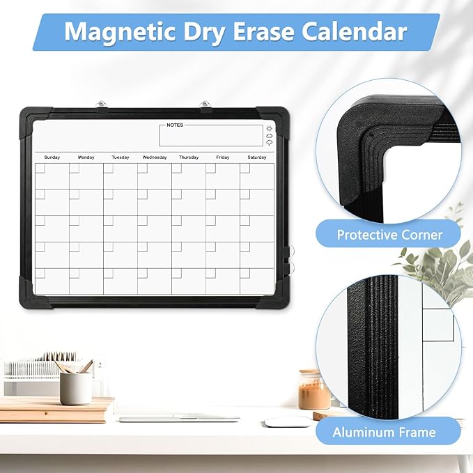 Small Calendar Dry Erase Whiteboard for Wall, 16" x 12" Magnetic Dry Erase Board, Double-Sided Hanging Monthly White Board Calendar for Drawing, Kitchen, Planning, Memo, Home, Office（ Black）