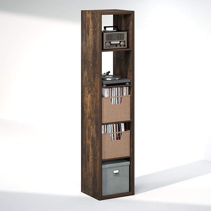 Furinno Cubicle Record Player Stand with Vinyl Storage, 5-Cube 1.2 Extra Thick Vinyl Record Storage, Open Back Media Shelf for CD DVD Blueray Game Disc, for Living Room, Home Office, Amber Pine