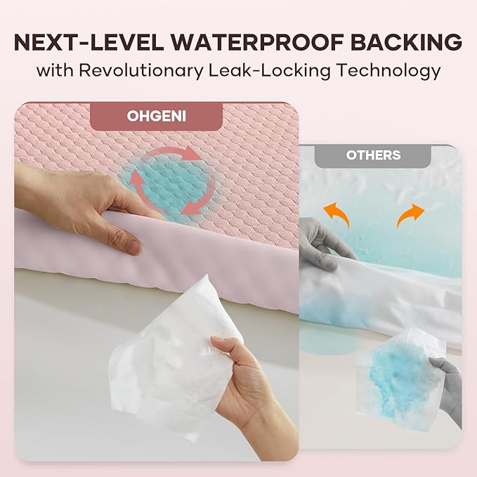 OhGeni 100% Waterproof Mattress Protector,Queen Size Mattress Soft Pad,Hair & Bedwetting Resistant,Cooling Breathable Fitted Sheets,Washable Bed Cover,Non-Slip Deep Pocket,Noiseless for Bedroom,Pink