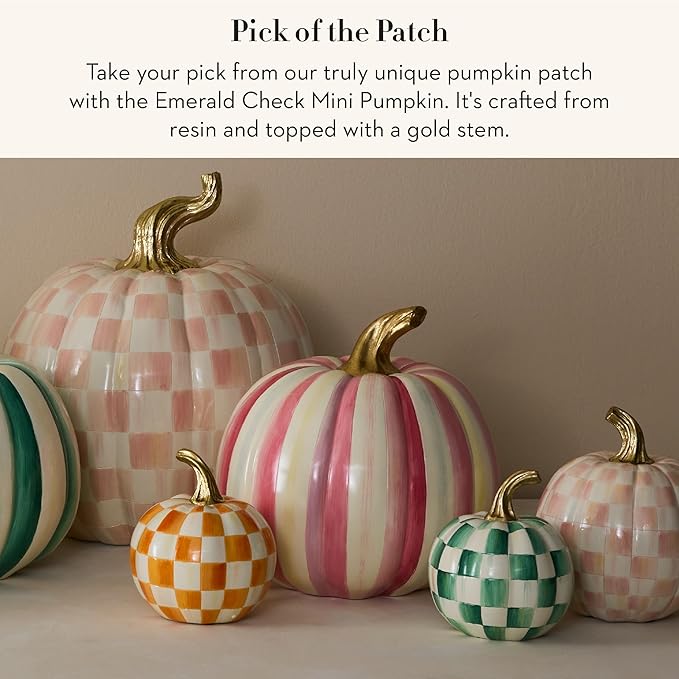 MACKENZIE-CHILDS Pumpkin, Resin Halloween and Fall Decor, Mini, Green-and-White Emerald Check