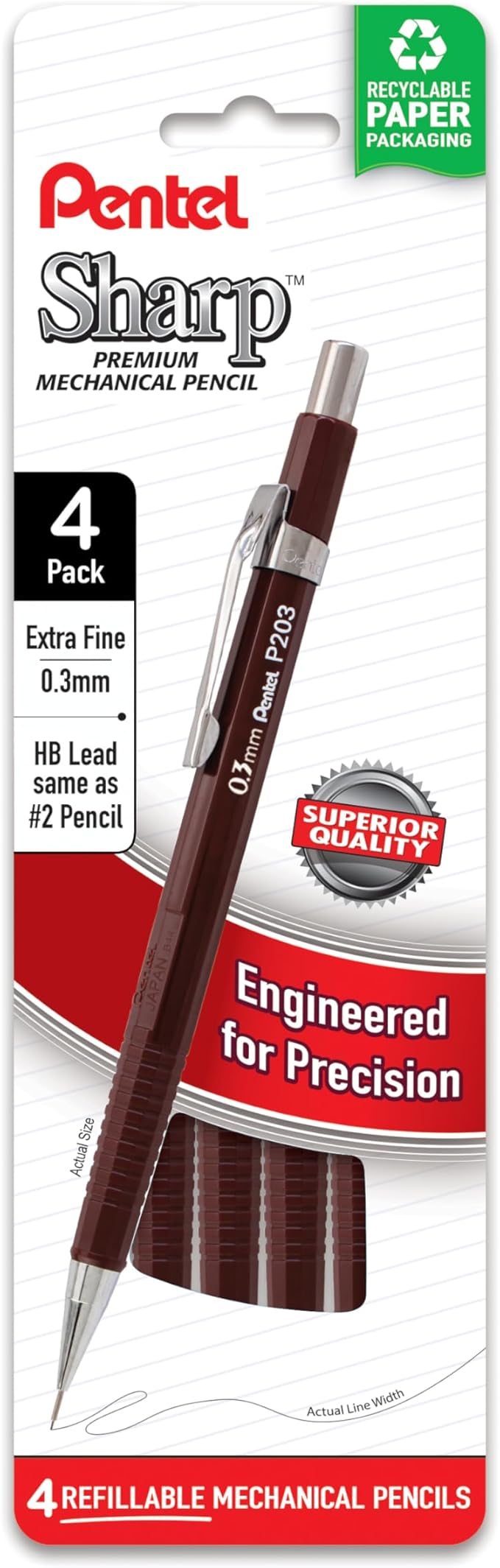 Pentel Sharp Mechanical Pencil, (0.3mm), Extra Fine Line, Brown Barrel, Pack of 4 (P203PF4E)