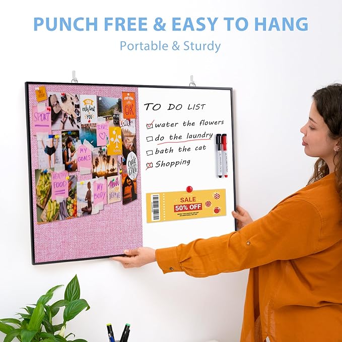 ARCOBIS Cork Board White Board Combo, 24"X18" Linen Bulletin Board Whiteboard for Wall, Double-Sided Magnetic Dry Erase Corkboard for Home, Office, School, Pink