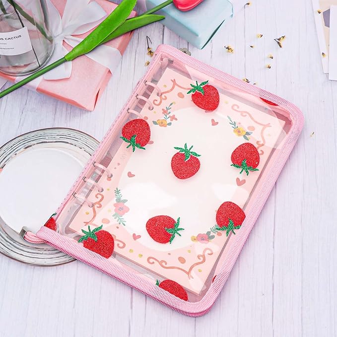AxeWoodz Pink A5 Zipper Binder Clear Refillable Notebook Shell Cute Strawberry Lace Cover 6 Ring PVC Binder Cover for Photocard Planner Journal Photo Album