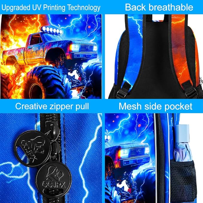 gxtvo 3PCS Kids Truck Backpack for Boys, 17" Boys Bookbag with Lunch Box, Water Resistant Middle Elementary School Bag - Fire & Lightning Truck