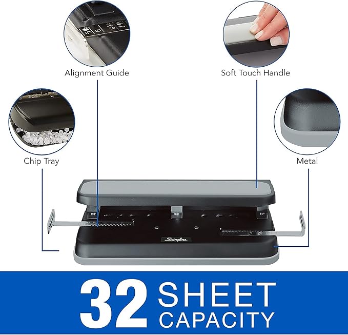 Swingline 2-7 Hole Punch, Adjustable, Heavy Duty Hole Puncher, Easy Touch, 32 Sheet Punch Capacity, Black/Gray (74300)