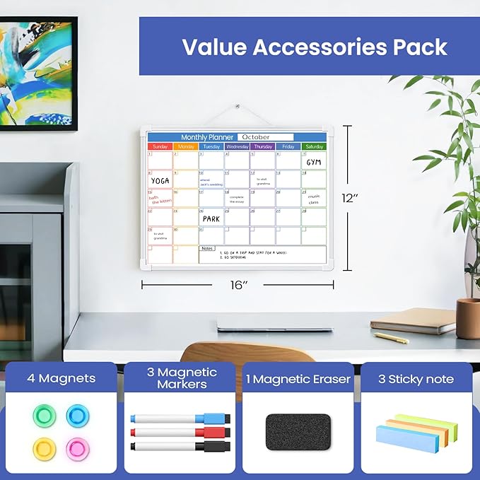 Blue Whiteboard Calendar for Wall,16" x 12" Hanging Dry Erase Calendar Board, Monthly White Board for Home,School, Office
