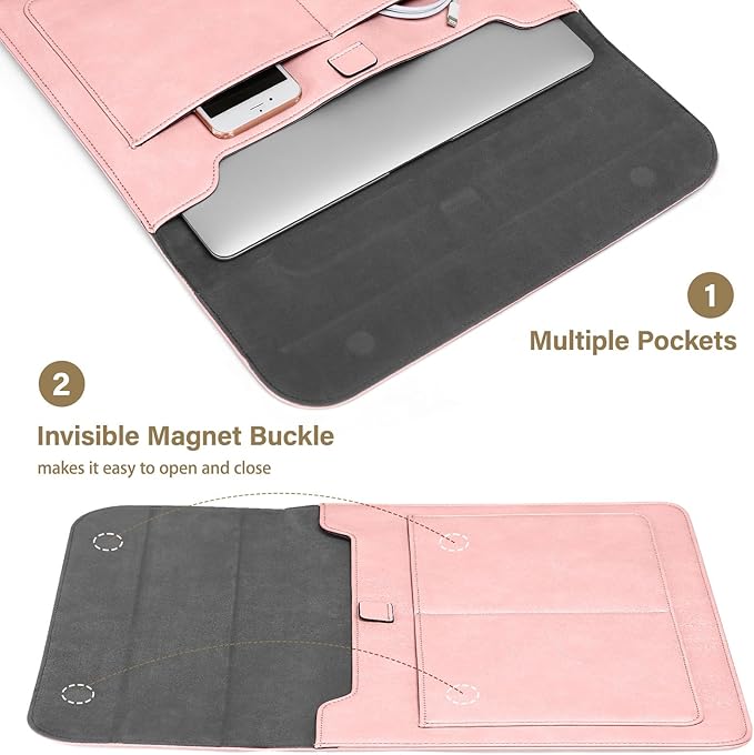 MOSISO Laptop Case 13 inch, 13 inch Laptop Sleeve Compatible with MacBook Air M4 M3 M2 M1 2025-2018 / Pro M2 M1 2025-2016, PU Leather Flap Carrying Case with Stand&Small Pouch, Pink