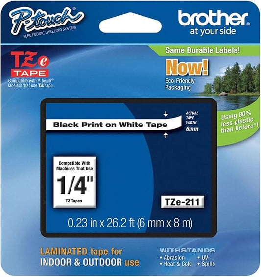Brother Genuine P-touch TZE-211 Label Tape 1, 1/4" (0.23") Standard Laminated P-touch Tape, Black on White, Laminated for Indoor or Outdoor Use, Water Resistant, 26.2 Feet (8M), Single-Pack