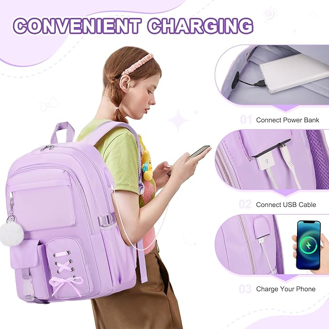 Backpacks for Girls, Girls Backpack with Lunch Box & Pencil Pouch for Teens Girl Kids Elementary Middle High School College Student Bookbag Daypack Laptop Travel Backpack for Women (Purple)