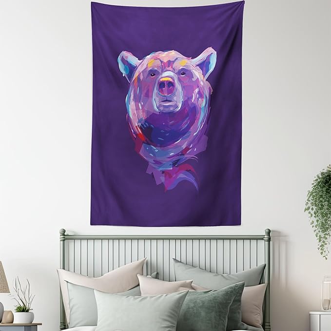 Ambesonne Bear Tapestry, Abstract Portrait with Digital Brushstrokes Wildlife Mascot Display, Wall Hanging for Bedroom Living Room Dorm Decor, 60" X 80", Purple Pink Sky Blue