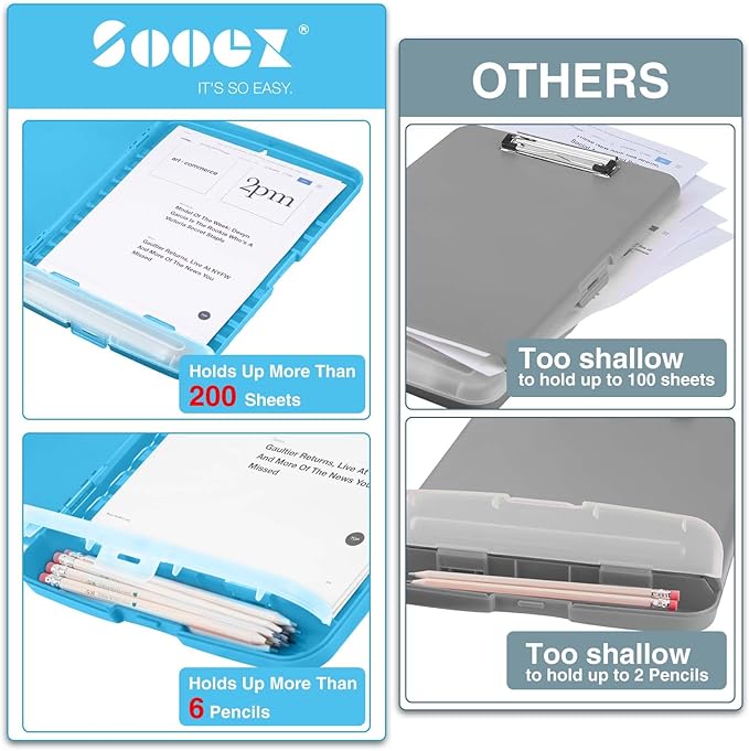 Sooez Clipboard with Storage, Clip Board 8.5 x 11 with Pen Holder, Plastic Organization Case Box for Letter Legal A4 Size Paper, Low Profile Clip, Nurses Teachers Must Haves, School & Office Supplies