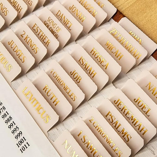 Laminated Bible Tabs, Gold Foil Embossed Lettering Bible Chapter Index Tabs for Women Men, Reposition Large Print Sticky Labels, Easy to Read and Apply, 105Chapters Labels for Easy Navigation (Creamy)