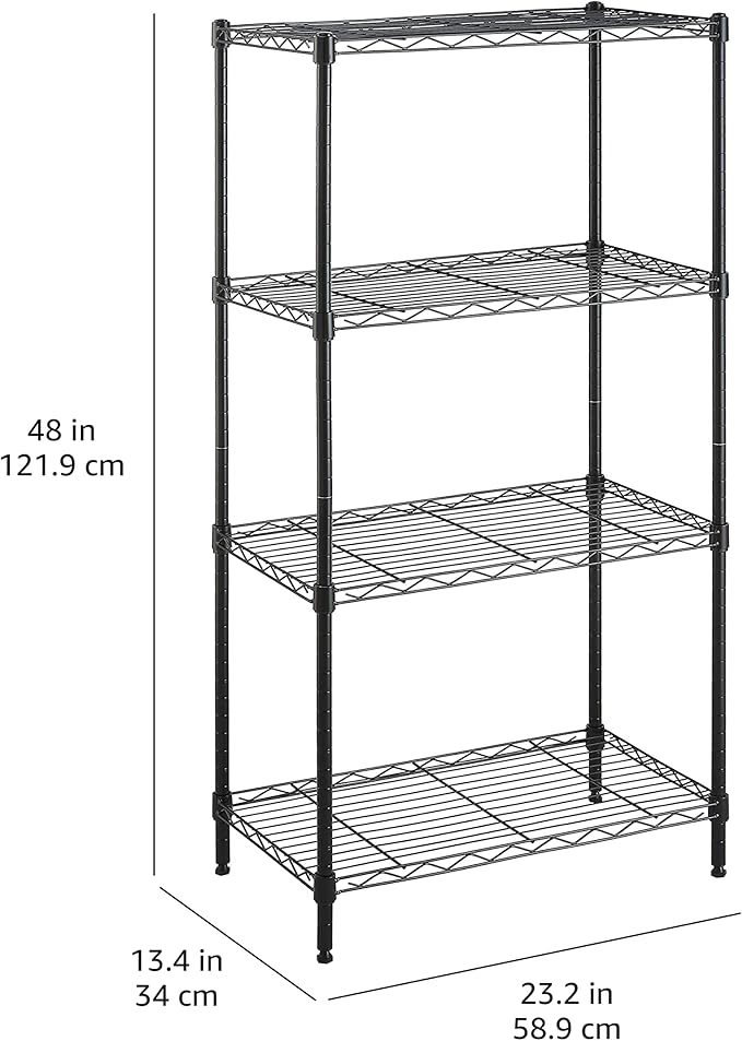 Amazon Basics 4-Shelf Steel Wire Rack, 13.4 D x 23.2 W x 48 H in, Black | Sturdy, Adjustable, Easy Assembly, Storage