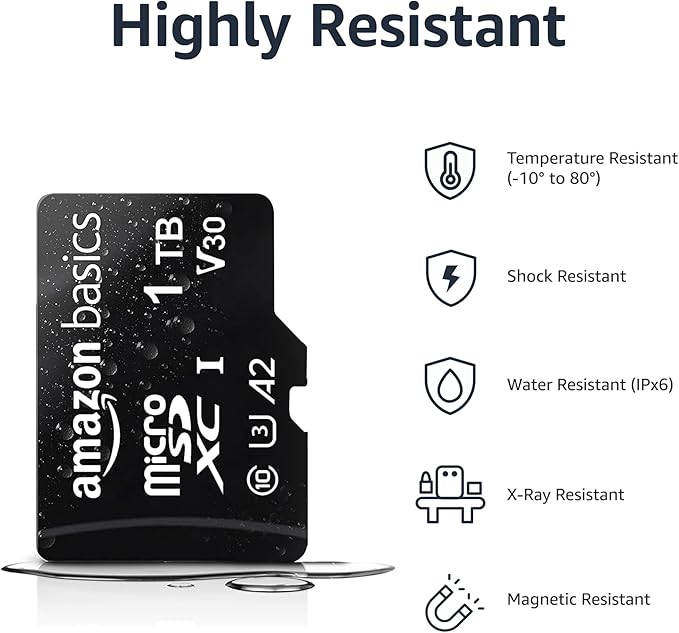 Amazon Basics microSDXC Memory Card for Smartphones, Tablets, Drones, Full HD, with Full Size Adapter, A2, U3, Read Speed up to 100 MB/s, 1 TB, Black