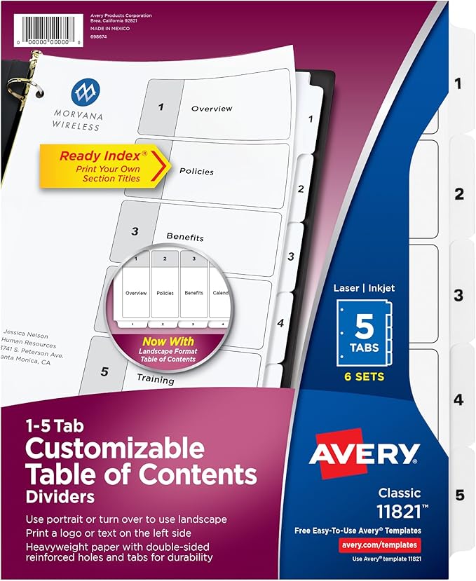 Avery Dividers for 3 Ring Binders, 5 Tabs per Set, Customizable Table of Contents, Classic White Tabs, Great for Organizing Reports, Projects, and More (6 Sets of 11821) (Pack of 12)