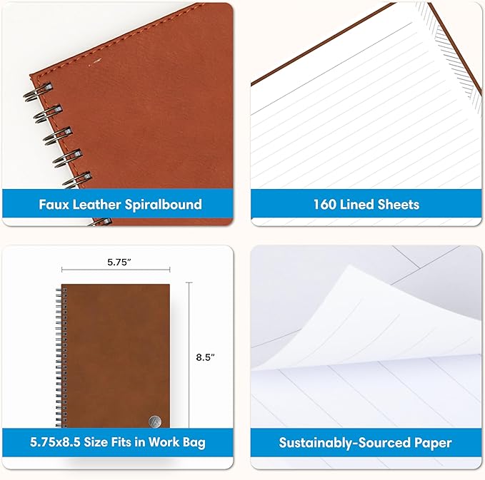 Blue Sky ASMBLD Undated Notebook, 160 Pages, 5.75" x 8.5", Safety Wirebound, Tan Faux Leather Cover, Lined Pages, Durable, Perfect for Office, Home, School, Journals