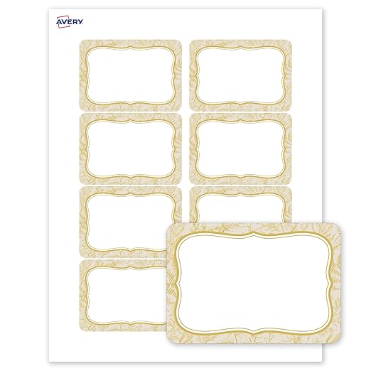 Avery Printable Adhesive Name Badges, 2-1/3" x 3-3/8", Pre-Printed Flourished Metallic Gold Florals Design, Matte White, Laser & Inkjet Compatible, 80 Total