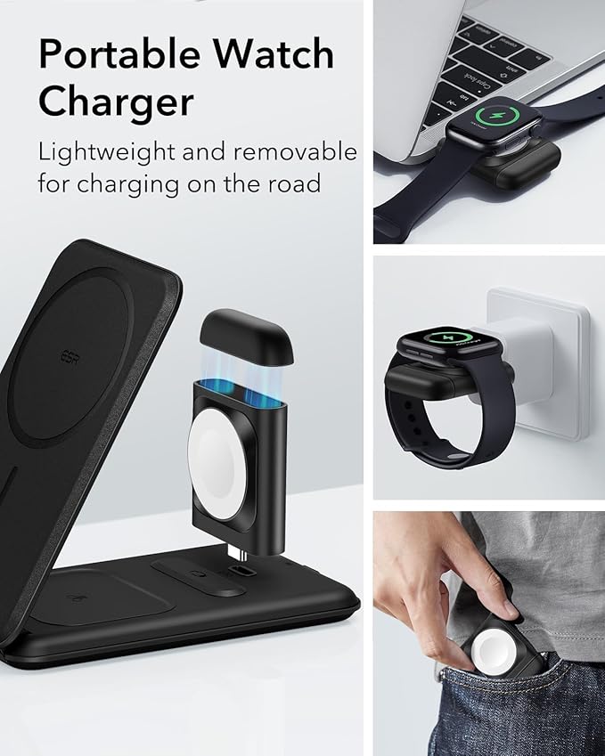 ESR 3 in 1 Charger for Magsafe, Travel Charger Stand for Magsafe, Made for Apple Watch Certified, Foldable Charging Station Compatible with iPhone 17/16/15/14/13/12, AirPods Pro, Black