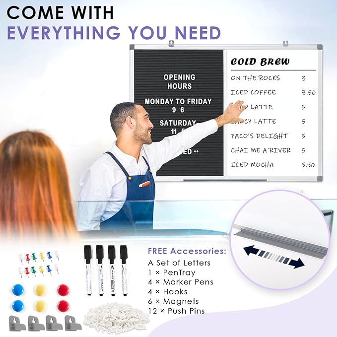 S SWANCROWN Magnetic Dry Erase & Felt Board Combo - Changeable Letter Felt Board for School, Office, Home - Aluminum Frame, 36x24 inch