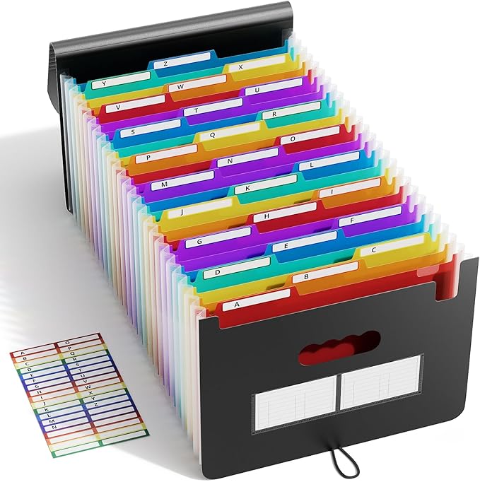 ABC life 26-Pocket Expanding File Folder, Large Capacity Document Organizer with 1/3 Cut Tabs, Letter Size Accordion File Organizer for Tax, Bills, and Receipts - Black