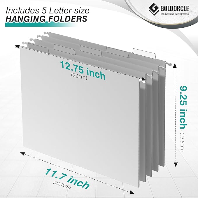Hanging File Organizer, Letter-Size File Holder Filing Box with 5 Hanging Folders, Metal Mesh Desk File Folder Storage(No Assembly Required) (White, with 5 Grey Folders)