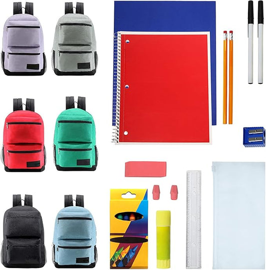 12-Pack 19” Sport Backpacks with 18 Piece School Supplies Kits - Pens, Pencils, Crayons - Bulk Bundle for Elementary, Middle, and High School Students, 6 Assorted Styles