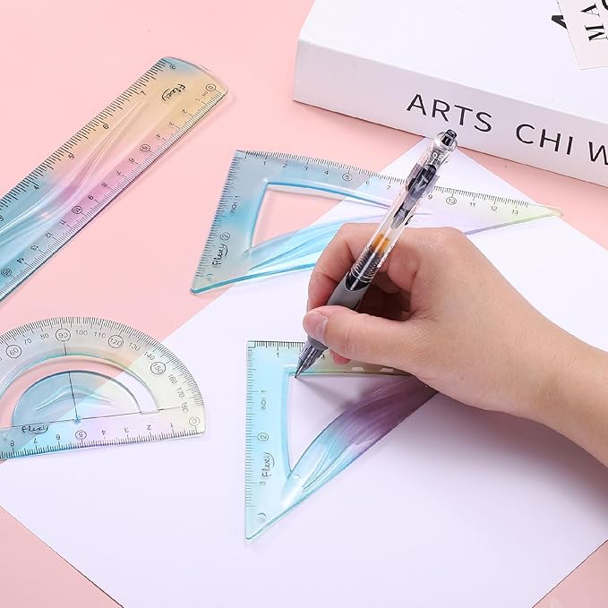 HARFINGTON 4pcs Triangular Ruler Set 30cm Plastic Flexible Straight Metric Soft Bendable Ruler Geometric Protractor Triangle Rulers for Home Office