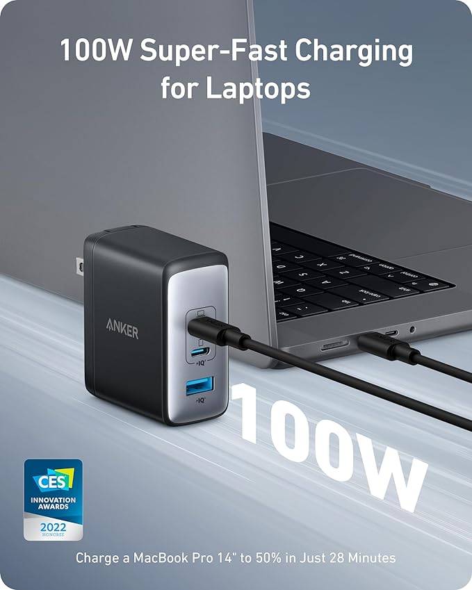 Anker Nano 100W USB-C Charger, 3-Port Fast Compact GaN Charger for MacBook Pro/Air, Pixelbook, ThinkPad, Dell XPS, iPad Pro, iPhone 16 Series, Galaxy S23, and More (Black, 1 Pack & 1 Cable)