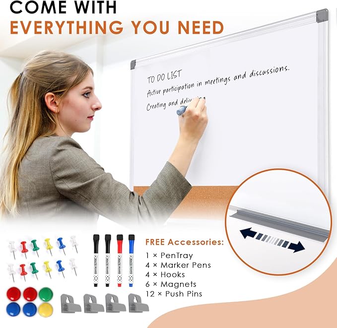 S SWANCROWN Magnetic Dry Erase and Cork Board Combo Hanging Whiteboard Notice Board for Wall Gift Home School Office, 36 x 24 Inches, with Maker/Pins/PenTray/Hooks