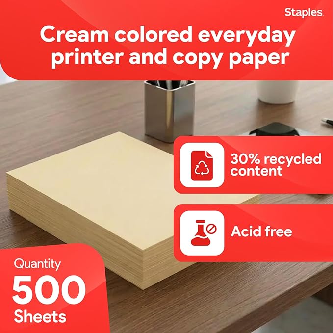 Staples Pastel Colored Copy Paper 8 1/2-Inch x 11-Inch Cream 500/Ream