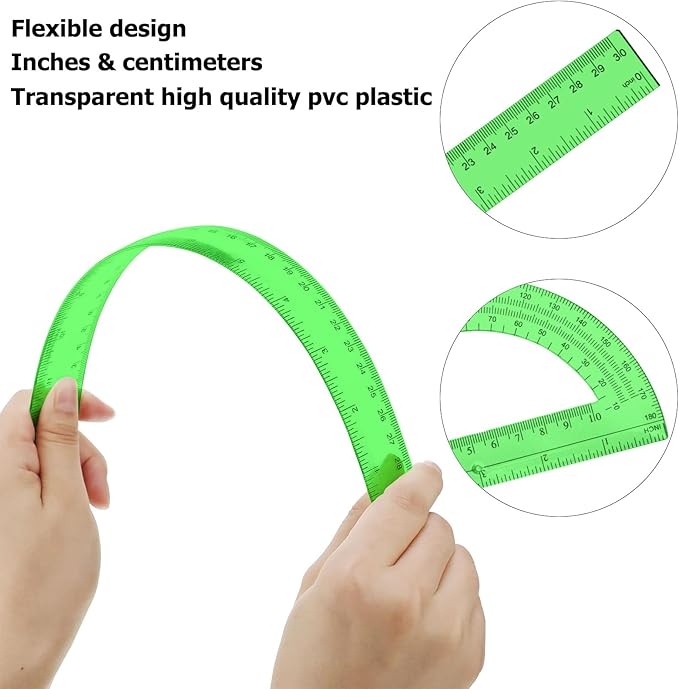 2 Packs 12 Inch Plastic Ruler and 6 Inch Plastic Protractor Set Clear Math Geometry Set Classroom Set Angle Detector School Supplies Classroom Ruler Home Office Drawings (Green)