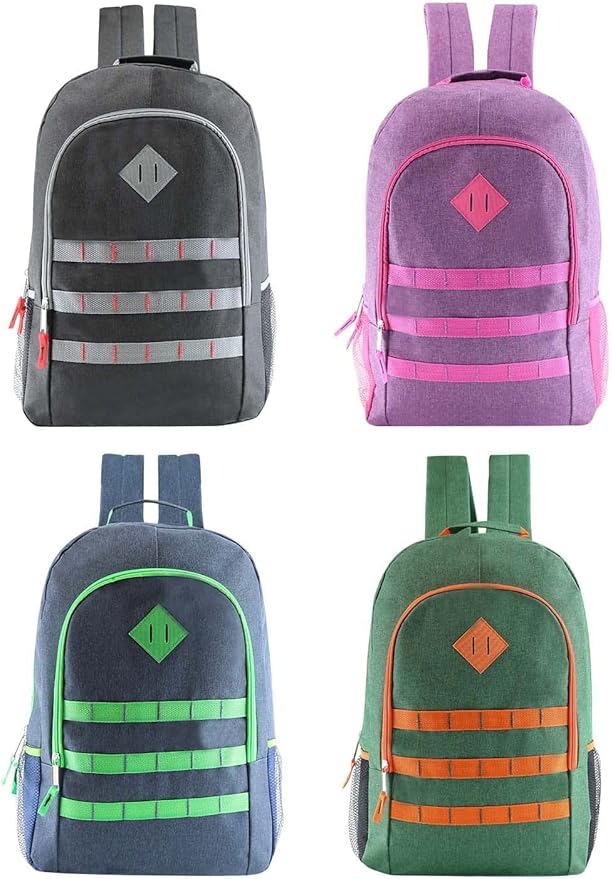 Moda West 12-Pack 19” Sport Backpacks with 50 Piece School Supplies Kits - Pens, Pencils, Crayons – Bulk Bundle for Elementary, Middle, and High School Students, 4 Assorted Styles