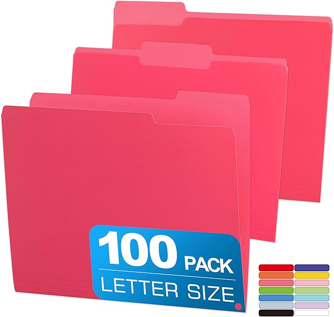 100 Packs Colored File Folders,Rose Red File Folders,Two Tone Color File Folder 8.5 x 11 Inch,1/3 Cut Tabs Letter Size,Manila File Folders for Office,School and Home,Organization