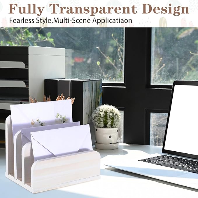Wooden Mail Holder 3 Slots Mail Organizer for Desk Wood File Paper Letter Sorter for Letter Envelope Filing Cell Phone Document Storage, Organizer Tray for Office and Home (White)