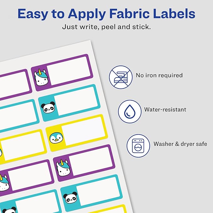 Avery No-Iron Fabric Name Labels, Cute Animal Preprinted Designs, Handwrite Only, 24 Preprinted Labels (40770)