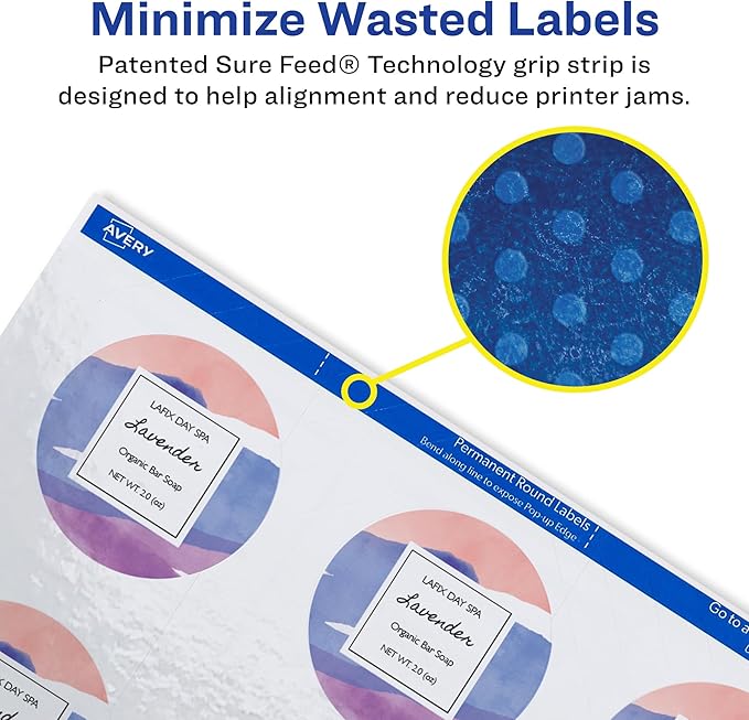 Avery Printable Round Labels with Sure Feed Technology, 2" Diameter, Matte White, Laser & Inkjet Compatible, 300 Blank Labels Total, Great for Branding, Packaging, Events, and More (22877)