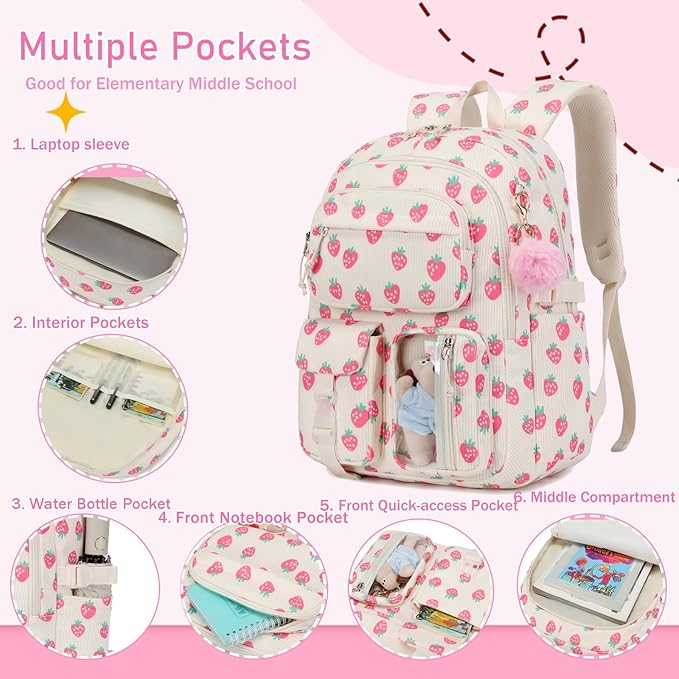 Corduroy Strawberry Backpack for Girls Teens School Bookbag with Lunch Box Pencil Case Laptop Sleeve Elementary Middle School Bag, Straberry-Pink