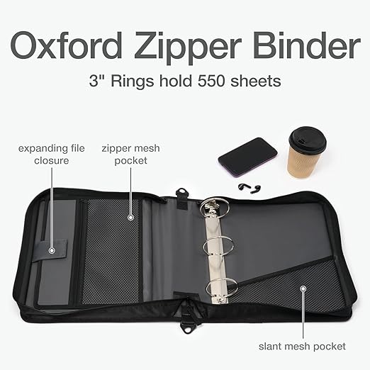 Oxford Zipper Binder with Pockets, 3 Inch Round Rings, Handle and Removable Shoulder Strap, 5-Tab Expanding File, Black & Navy (1006343)