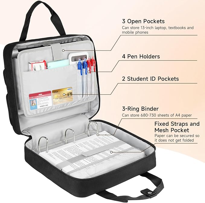 Zipper Binder 3 Ring with Ita Window,700 Sheets Capacity, Binder 3 Inch with Shoulder Strap Fits 13 Inch Laptop for School and Office,Black