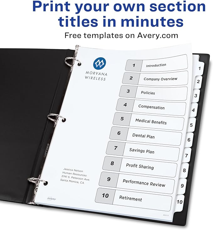 Avery Dividers for 3 Ring Binders, 10 Tabs per Set, Customizable Table of Contents, Classic White Tabs, Great for Organizing Reports, Projects, and More (11134)