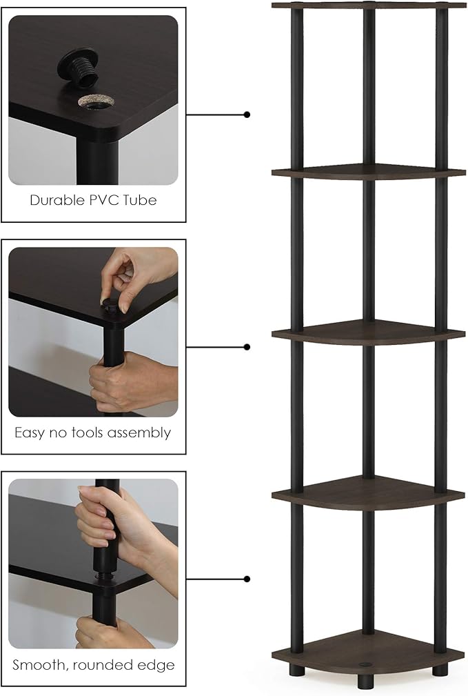 Furinno TURN-N-TUBE Corner Shelf Set of 2, 5-Tier Corner Bookshelf, Open Storage Shelves, for Organization and Storage, Living Room, Home Office, Garage, Dark Brown Grain