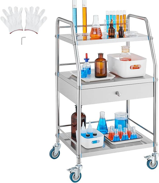 VEVOR Service Cart, 3 Layers Stainless Steel Utility Rolling Cart with Drawer, Lockable Wheels, Ideal for Laboratory, Hospital, Dental Use