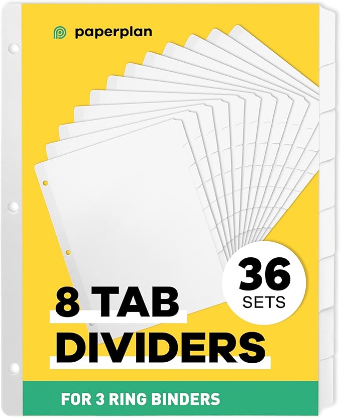 Binder Dividers with Tabs - (Set of 36) x 8 Tab Dividers for 3 Ring Binders, White, Reinforced Edge - Ideal for Keeping Your Documents Neat and Professional