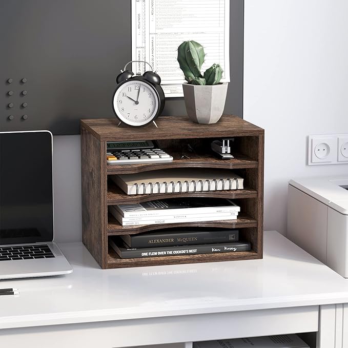 Snughome Vintage Wood File Organizer Desktop, 13.4’’ Document Letter Mail Tray Sorter with 3 Adjustable Shelves, Wooden Desktop Paper File Sorter Holder for School Home Office Supplies