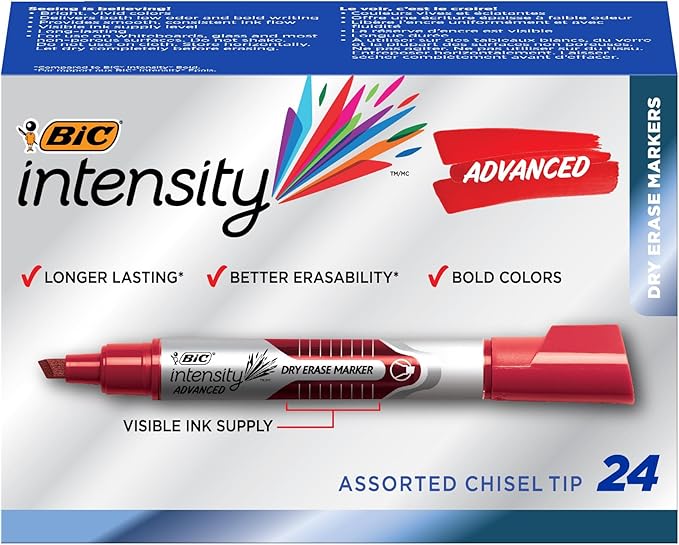 BIC Intensity Advanced Colorful Dry Erase Markers, Chisel Tip, 24-Count Pack of Assorted Colors, Whiteboard Markers for Teachers and Office Supplies