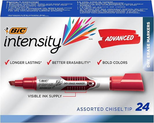 BIC Intensity Advanced Colorful Dry Erase Markers, Chisel Tip, 24-Count Pack of Assorted Colors, Whiteboard Markers for Teachers and Office Supplies