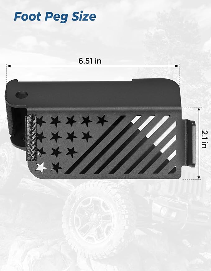 JOYTUTUS Upgraded 120° Wrangler Foot Pegs for Wrangler JK JL Gladiator JT 2007 to 2026, Exterior Door Hinge Metal Powder Coating Rest Pedals with US Flag Foot Rest Kick Panel Accessories